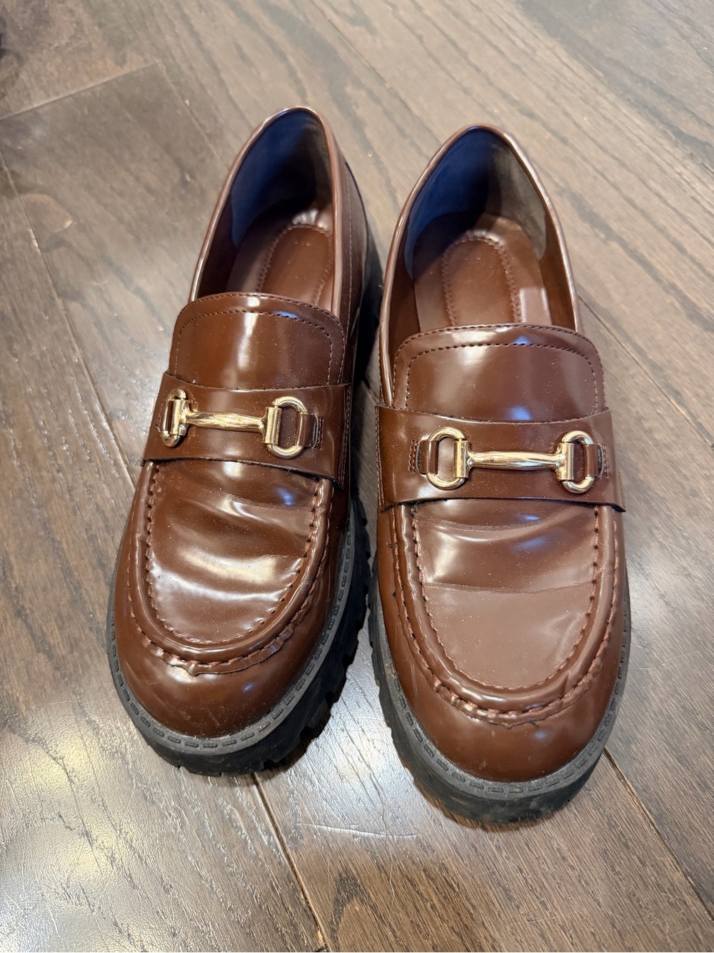 Brown Chunky Platform Loafers Gold Bit Detail Lug Sole Size